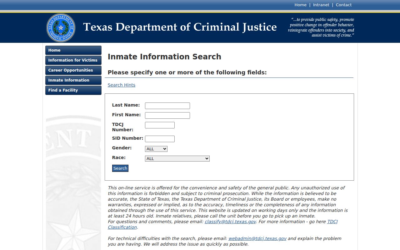 Floyd County arrest follow-up search fields in the TDCJ inmate locator
