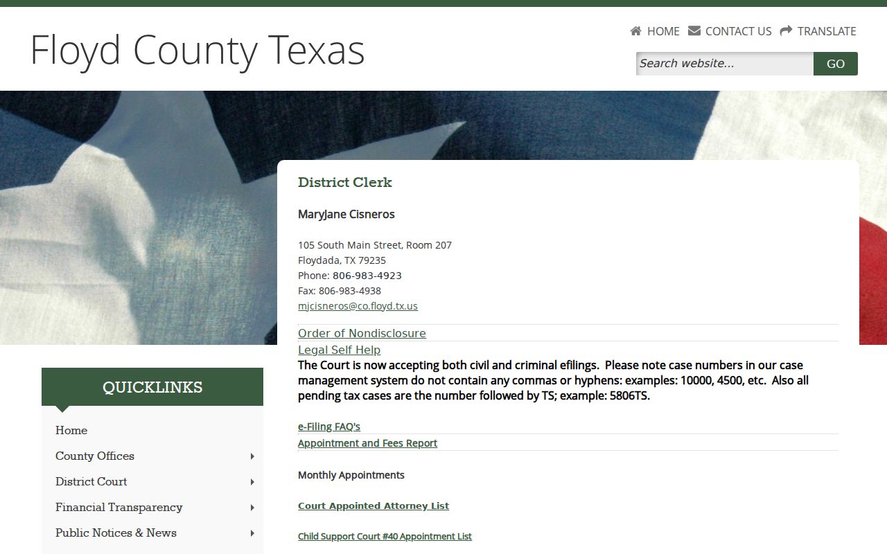 Floyd County criminal court case District Clerk contact page
