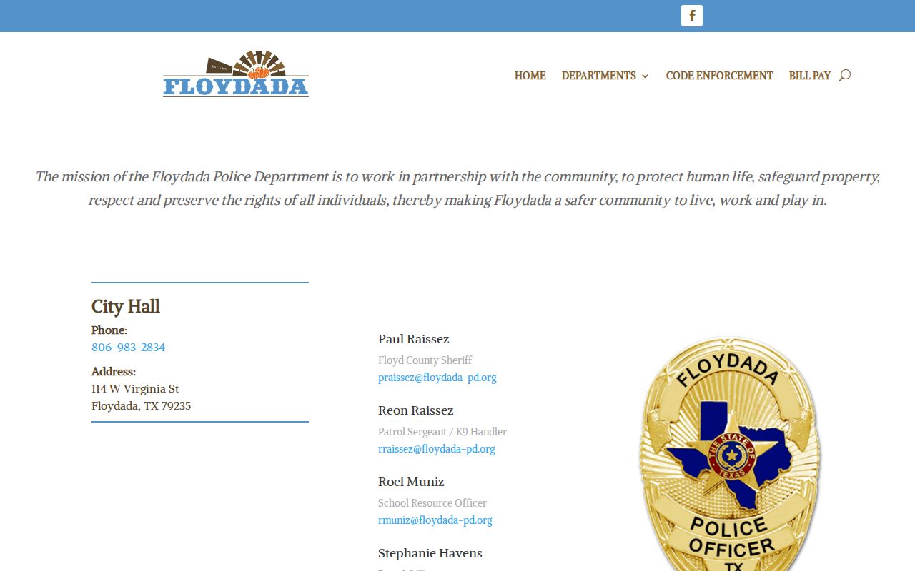 Floydada criminal record contact page for the Police Department